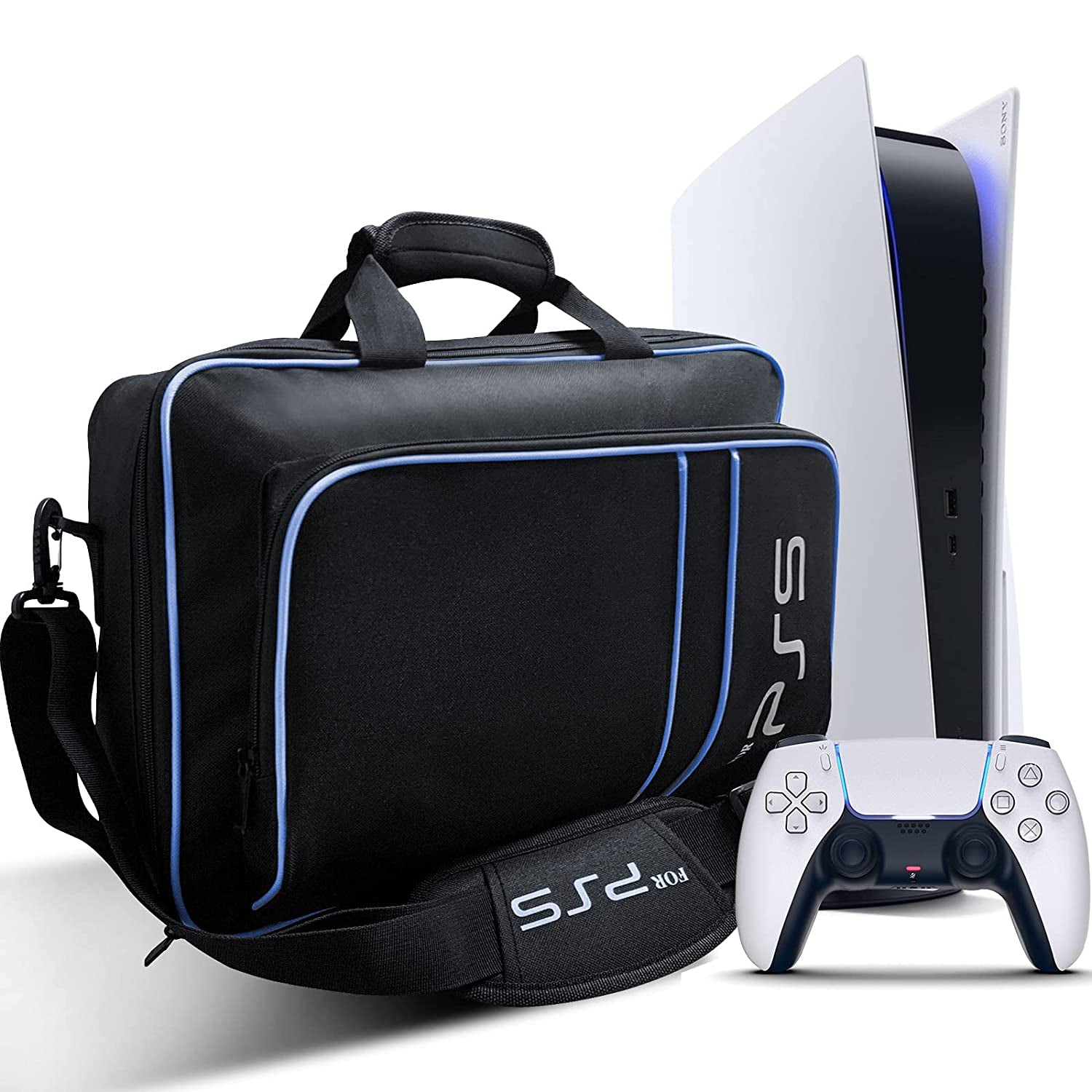 Carrying Case for PS5 Console Disc/Digital Edition - Large Capacity Protective Travel Shoulder Bag with Zippered Storage for Controllers, Game Discs, HDMI & Other Accessories